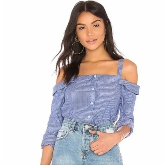 🆕 BCBGENERATION Blue & White Striped Red Dot Cold-Shoulder Shirt XS - Picture 8 of 11